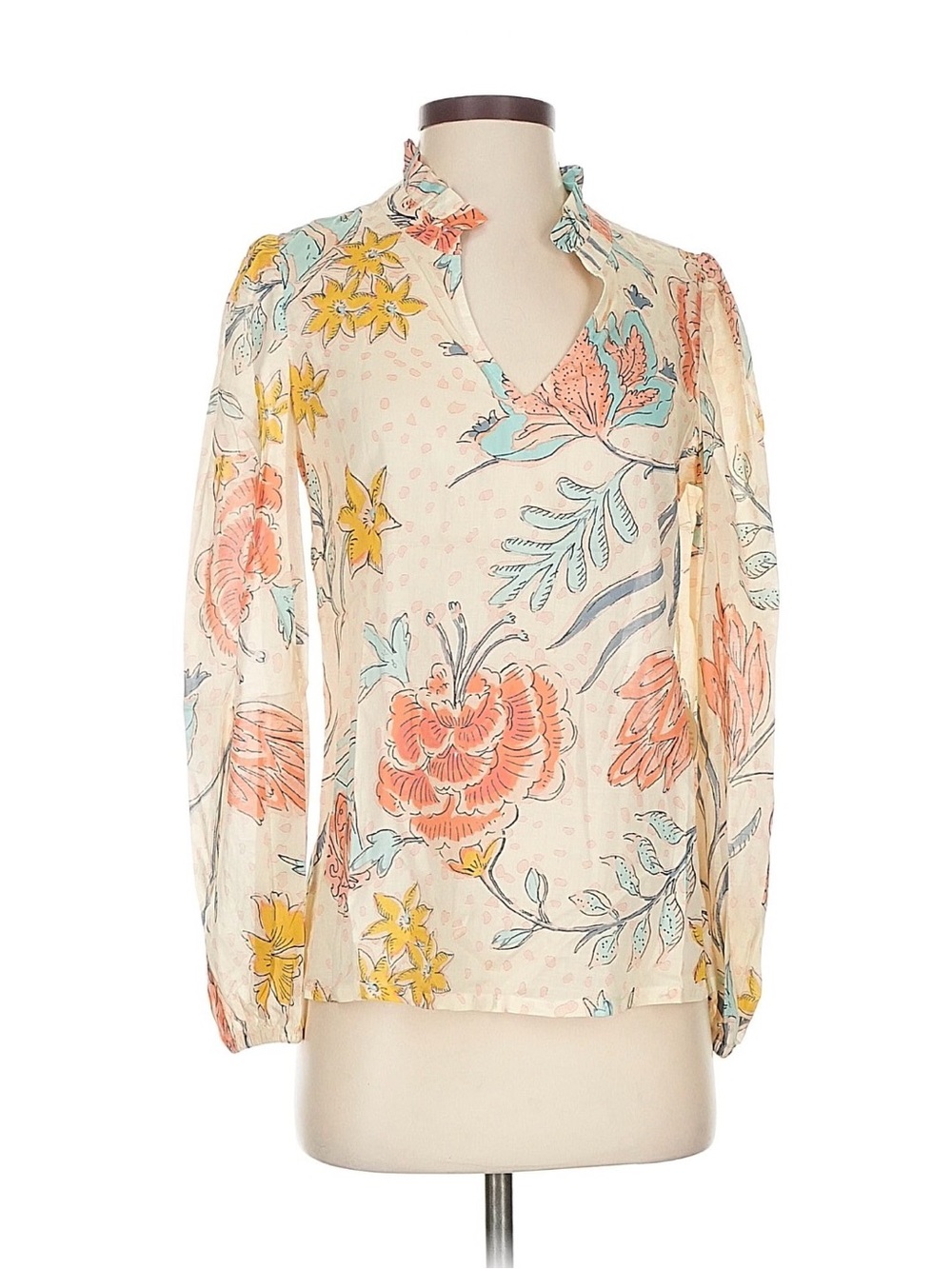 Spartina 449 Cream Floral Tie-Neck Blouse with Coral and Yellow Accents